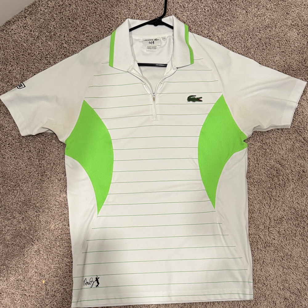 Lacoste Men's Andy Roddick White and Neon Green Polo Shirt M